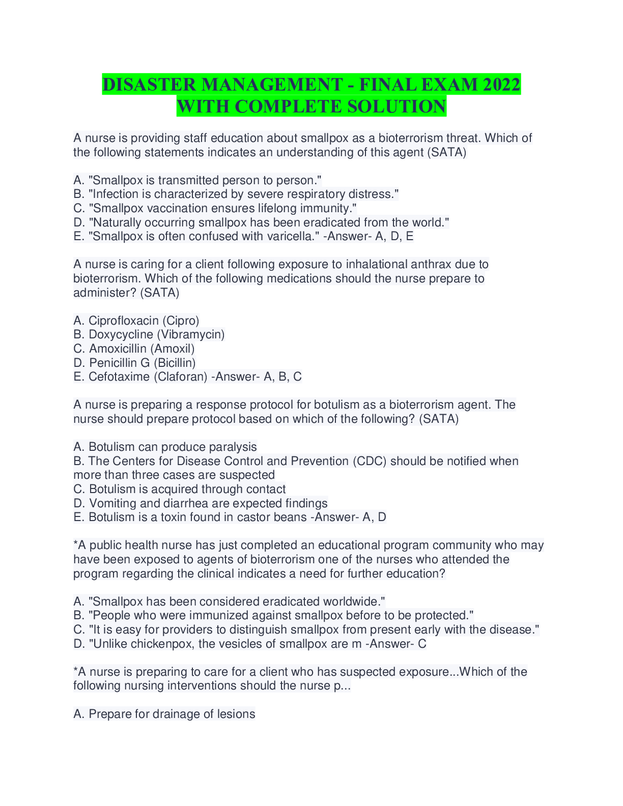 Preview image of DISASTER MANAGEMENT - FINAL EXAM 2022 WITH COMPLETE SOLUTION document